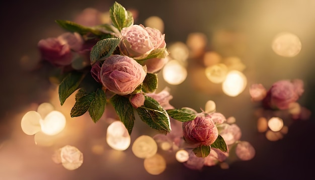 Fantasy rose light blurred bokeh Romantic evening atmosphere rose. 3D render. Raster illustration.