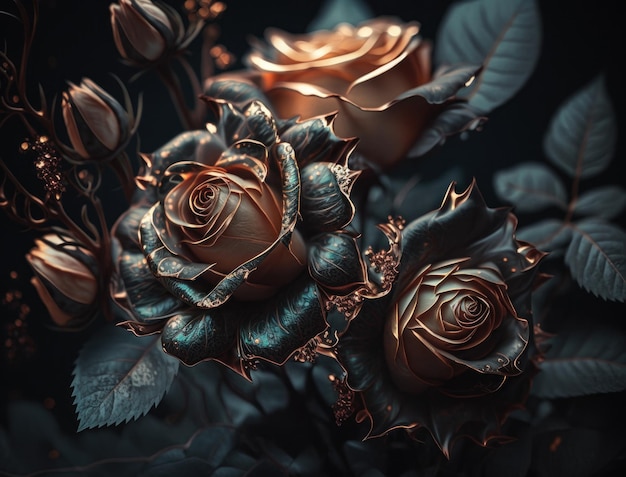 Fantasy roses plants and glowing flowers background close up