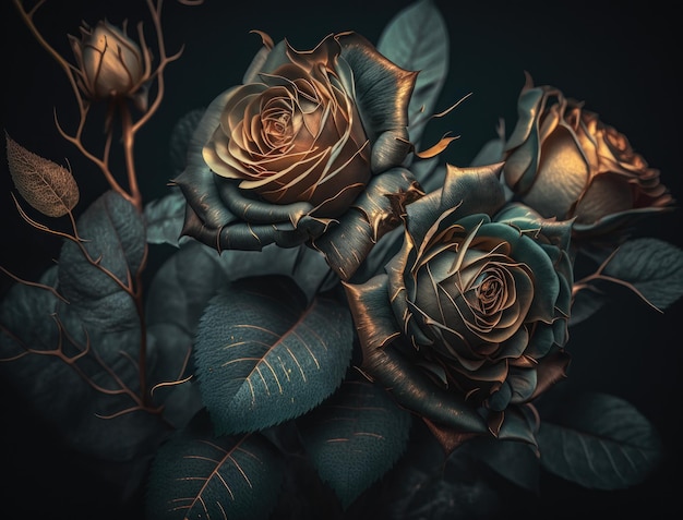 Fantasy roses plants and glowing flowers background close up