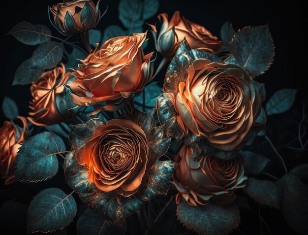 Fantasy roses plants and glowing flowers background close up