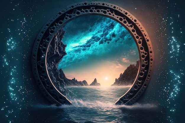 Fantasy round gate in a space setting with stars a neon doorway and the cosmos reflected in the sea