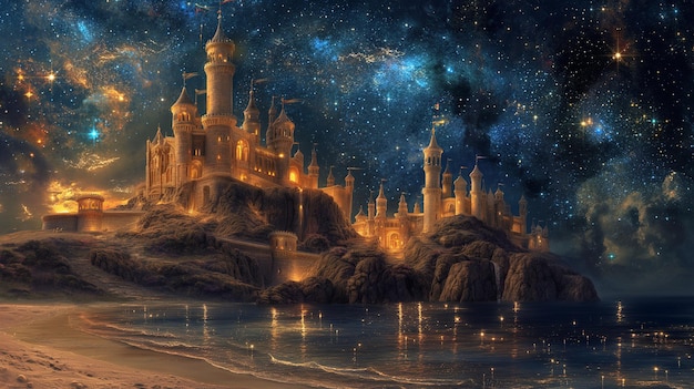 Fantasy Sand Castle Glowing Under Cosmic Sky Generative AI