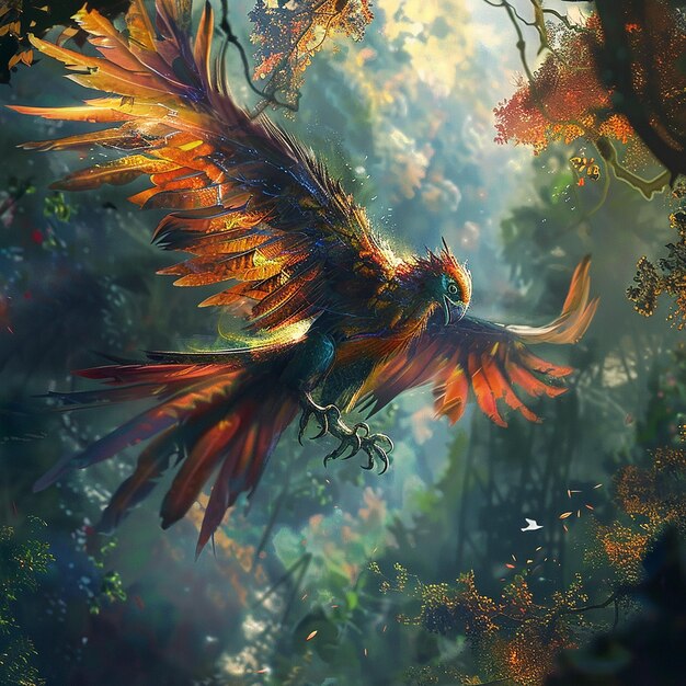 A fantasy scene of an ancient mythical creature with majestic wings and vibrant plumage soaring thr