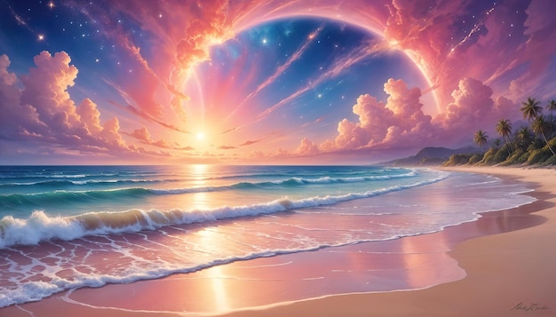 Photo fantasy scene of a beach at sunrise with waves crashing on the shore and vibrant starry sky