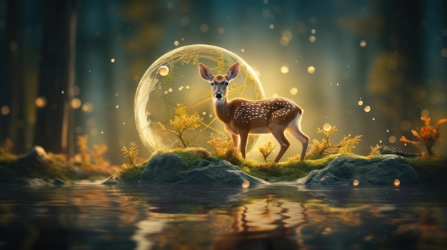 Fantasy scene with deer and moon in the forest