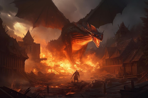 Fantasy scene with dragon and castle on fire Generative AI