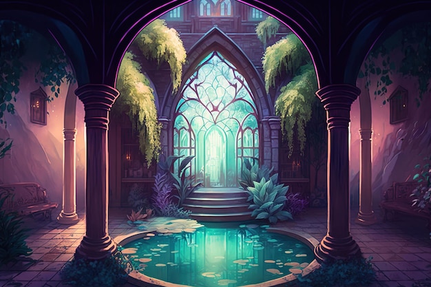 A fantasy scene with a fountain and a door that says'the water is in the middle '