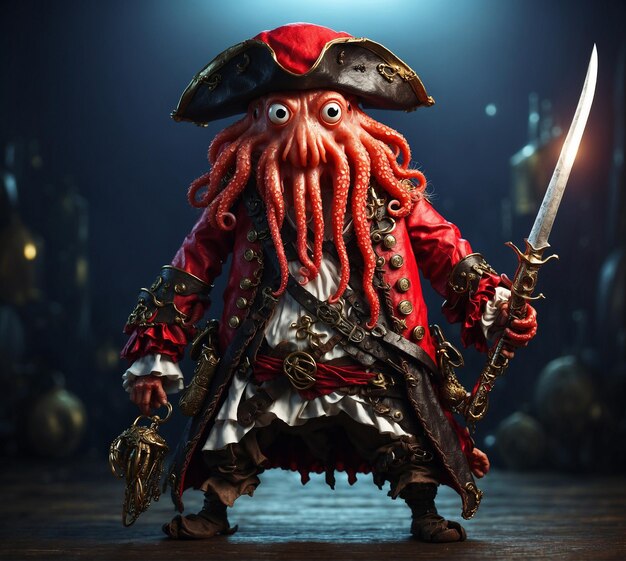 Fantasy scene with pirate captain and octopus 3D illustration