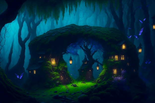 A fantasy scene with a small house in the forest.