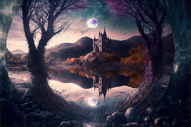 Fantasy scenery and beautiful magical landscape medieval castle