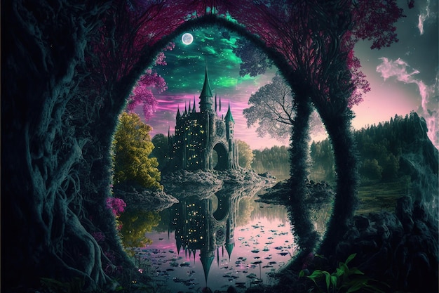 Fantasy scenery and beautiful magical landscape medieval castle