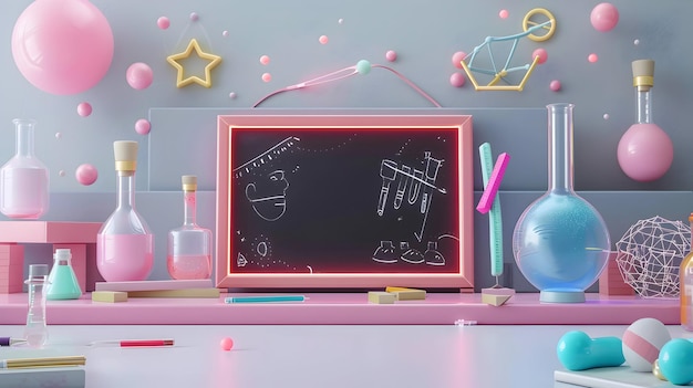 Fantasy Science Teacher Flat Icon with Lab Equipment and Chalkboard 3D Wide Shot in Magical Lab Se