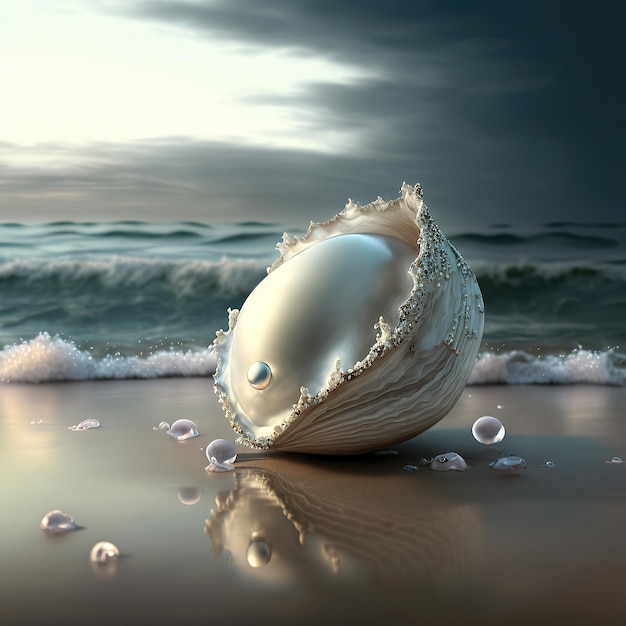 Fantasy seascape seashell with pearls on the ocean waves sea foam sunset AI