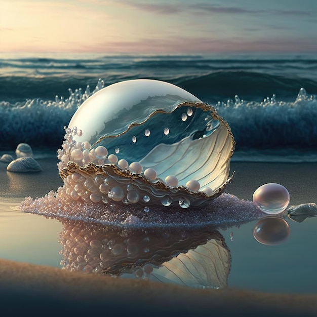 Fantasy seascape seashell with pearls on the ocean waves sea foam sunset AI