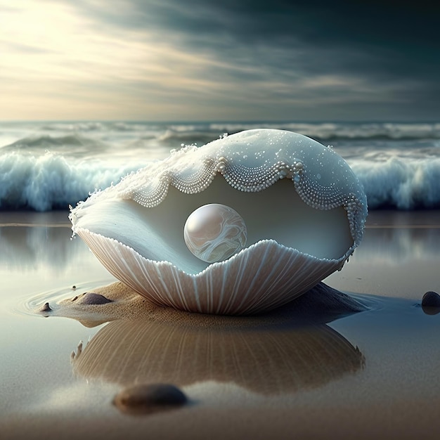 Fantasy seascape seashell with pearls on the ocean waves sea foam sunset AI