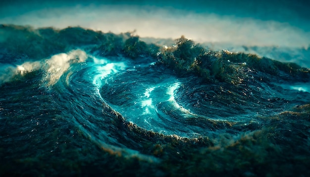 Fantasy seascape with beautiful waves and foam Foam on the waves of water Top view of the ocean waves Dove water background 3D illustration