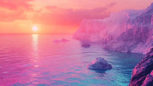 Photo fantasy seascape with pink rocks and sunset