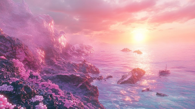 Photo fantasy seascape with pink rocks and sunset