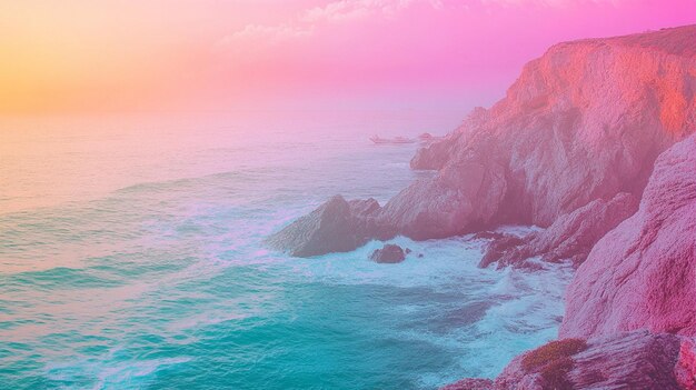 Photo fantasy seascape with pink rocks and sunset