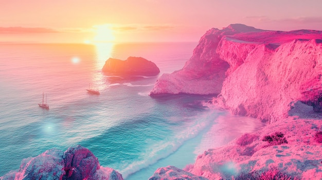 Photo fantasy seascape with pink rocks and sunset