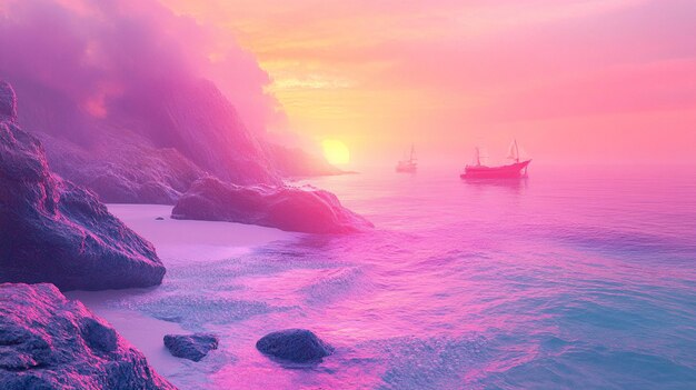 Photo fantasy seascape with pink rocks and sunset