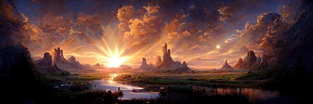 Fantasy setting sun, sunset, nature, orange, light. Sunset landscape. Digital Illustration