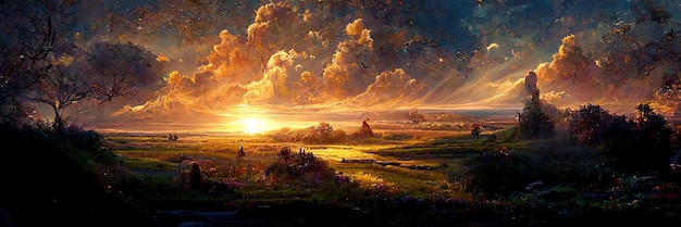 Fantasy setting sun, sunset, nature, orange, light. Sunset landscape. Digital Illustration