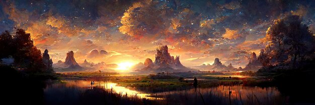 Fantasy setting sun, sunset, nature, orange, light. Sunset landscape. Digital Illustration