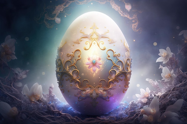 Fantasy spectral Easter egg in fantasy fairy mist with flowers festive background