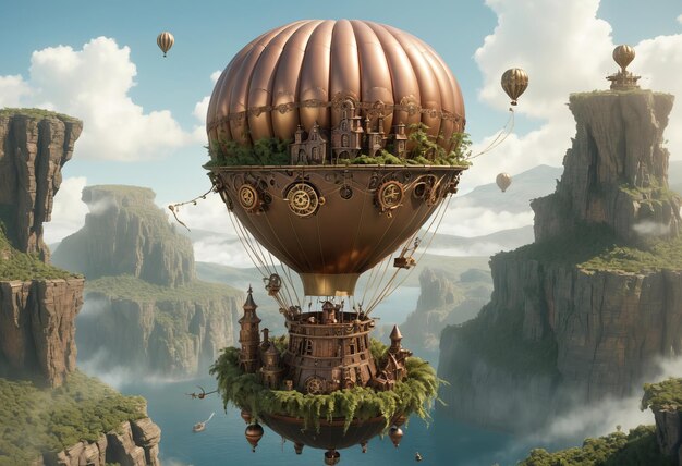 Photo fantasy steampunk floating island balloon