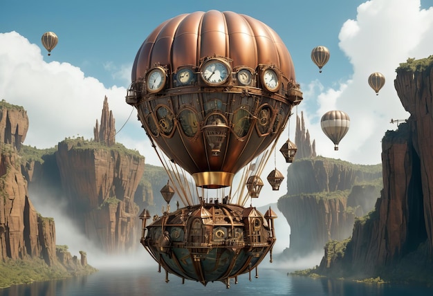 Photo fantasy steampunk floating island balloon