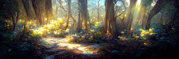 Fantasy sunlight forest floor, trees, nature, green, light. Forest landscape. Digital Illustration