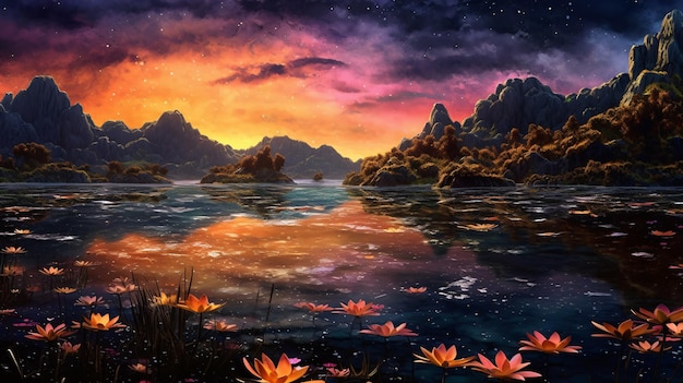 fantasy sunrise waterscape with flowers and stars