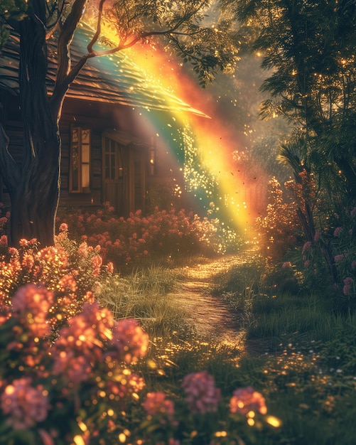 Fantasy Sunset with Rainbow Lights on Cottage Path