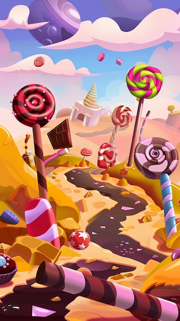 Fantasy sweet candy land game landscape background