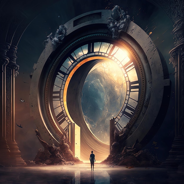 Fantasy temporary majestic stone portal to another world Time Portal Mysterious fantasy landscape round arch clock noen light night view 3D illustration