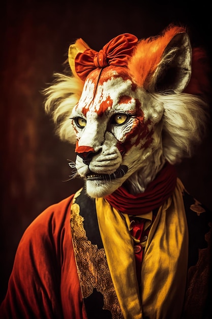 A fantasy Tiger in Clown Classic costume suit and face makeup