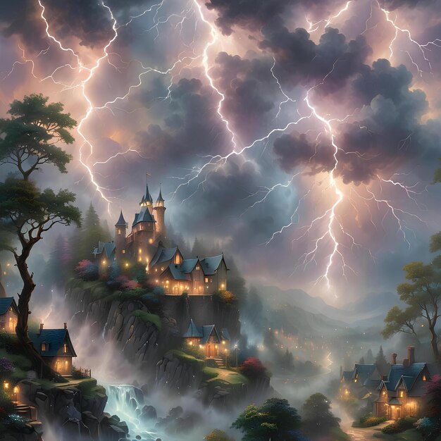 Fantasy town landscape with lightning