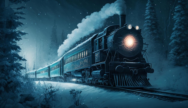 Fantasy train across a winter wilderness in fantasy night generative AI