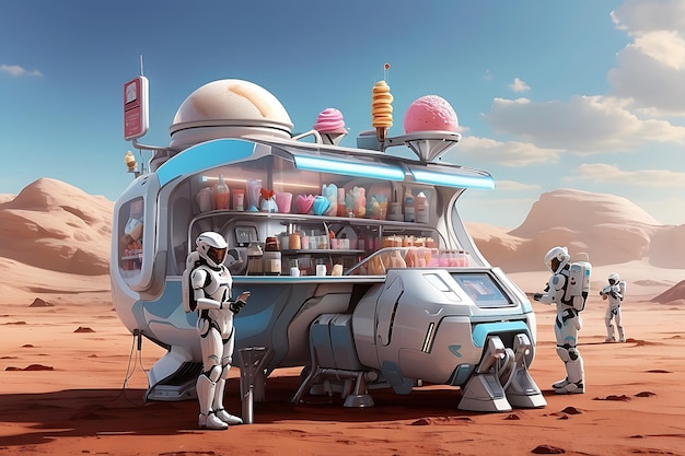 Fantasy travel Spaceship Ice cream truck on mars