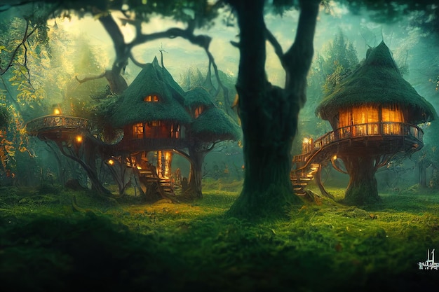 Fantasy tree house. Fairytale fantasy landscape, tree house. 3d-render, Raster illustration.