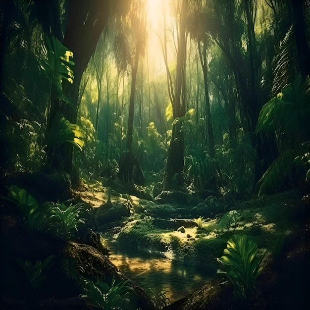 Fantasy tropical forest with stream and sunlight 3D Rendering