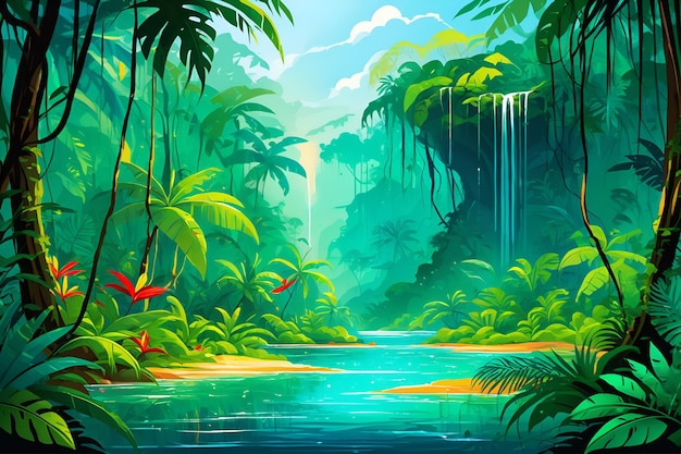 Fantasy Tropical Jungle Environment Colorful Vector Concept Art Illustration