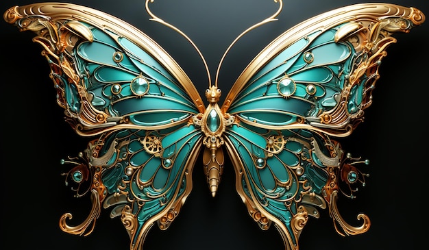 Fantasy turquoise and gold butterfly sculpture AI generator