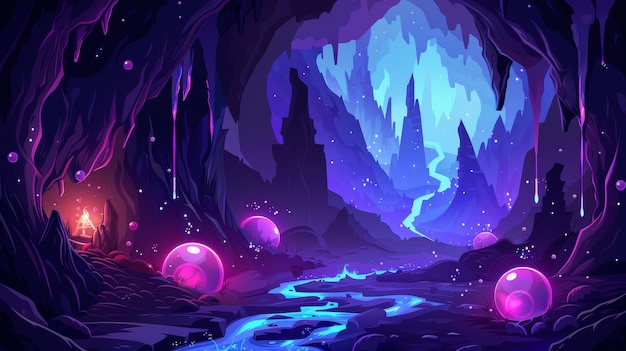 Photo fantasy underground landscape inside mountain scene modern illustration adventure level in stone cavern with path through poisonous river flow with bubbles