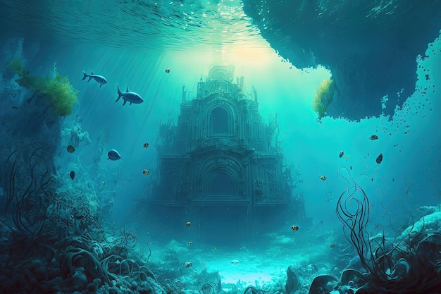 Fantasy underwater seascape with lost city Generative AI