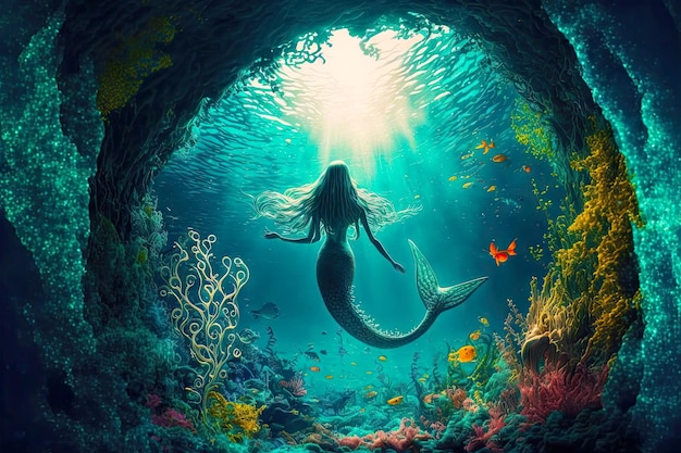 Fantasy underwater world with beautiful mermaid swimming in sea