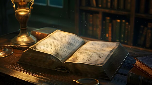 Fantasy Video Game Art Style Open Grimoire on Desk in Dimly Lit Ancient Library