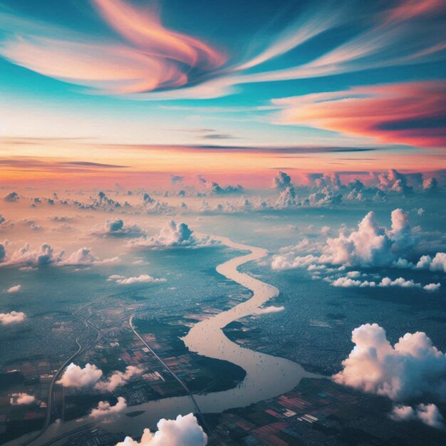 Photo fantasy view of clouds from the air and reflection of the horizon