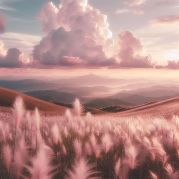 Photo fantasy view of a large cotton cloud covering an area of land and the reflection of the horizon